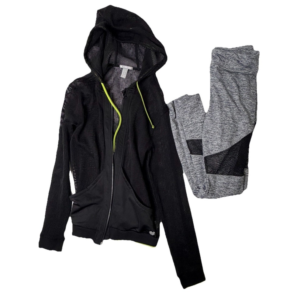 Forever‎ 21 Activewear Set Women's XS Black Mesh Zip Hoodie Gray Leggings